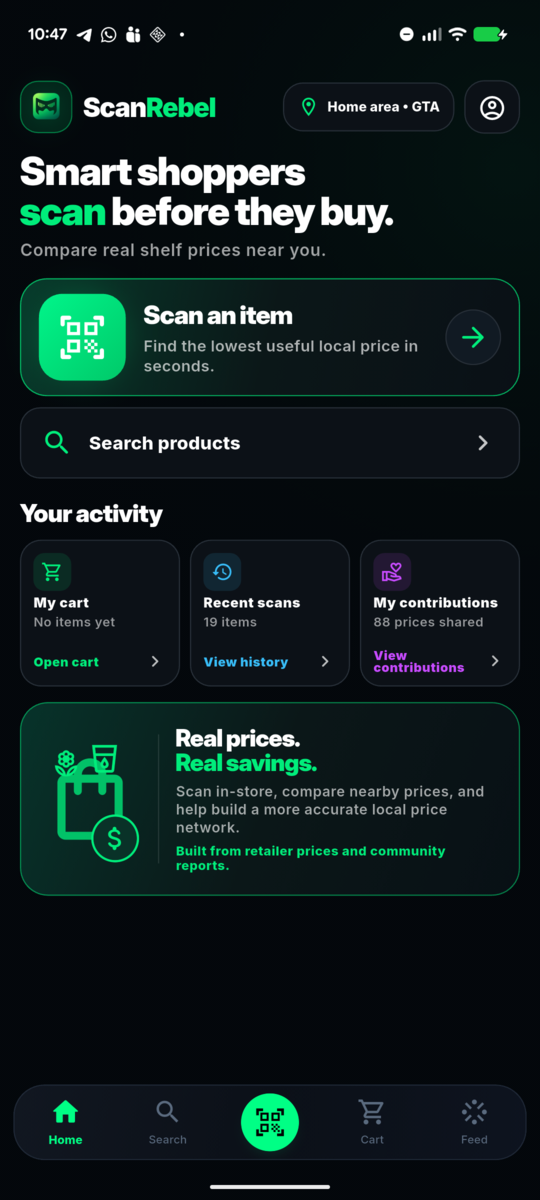 ScanRebel home screen with scan and search actions