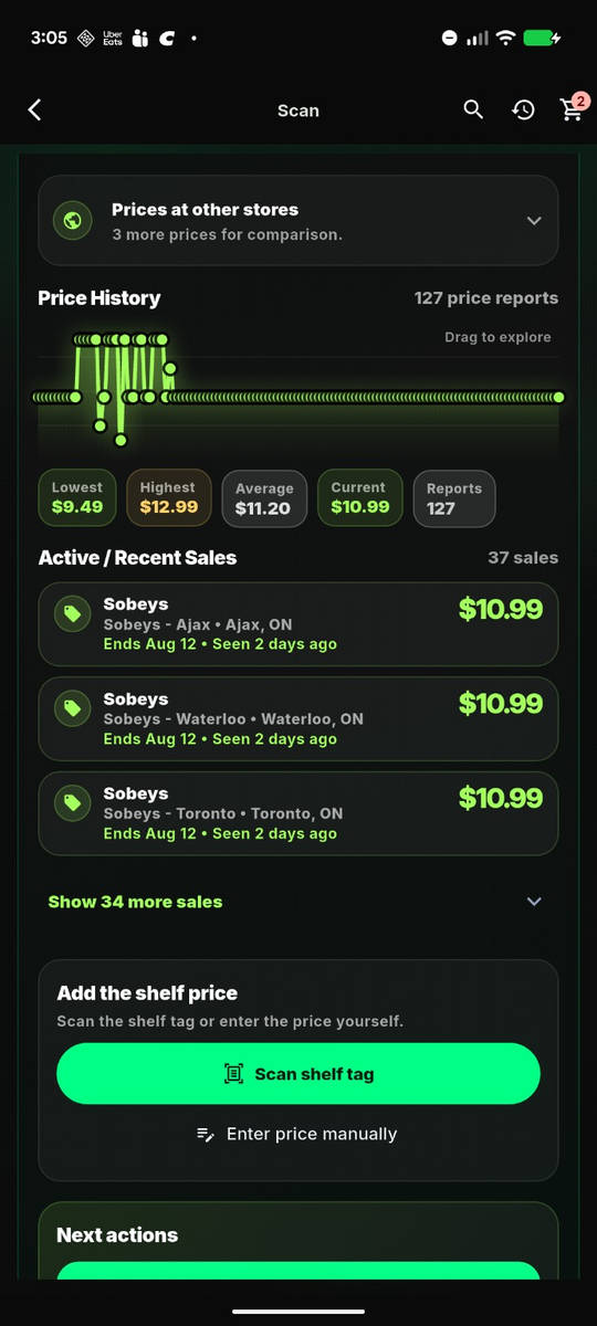 ScanRebel price history screen with sale cards and shelf tag scan action