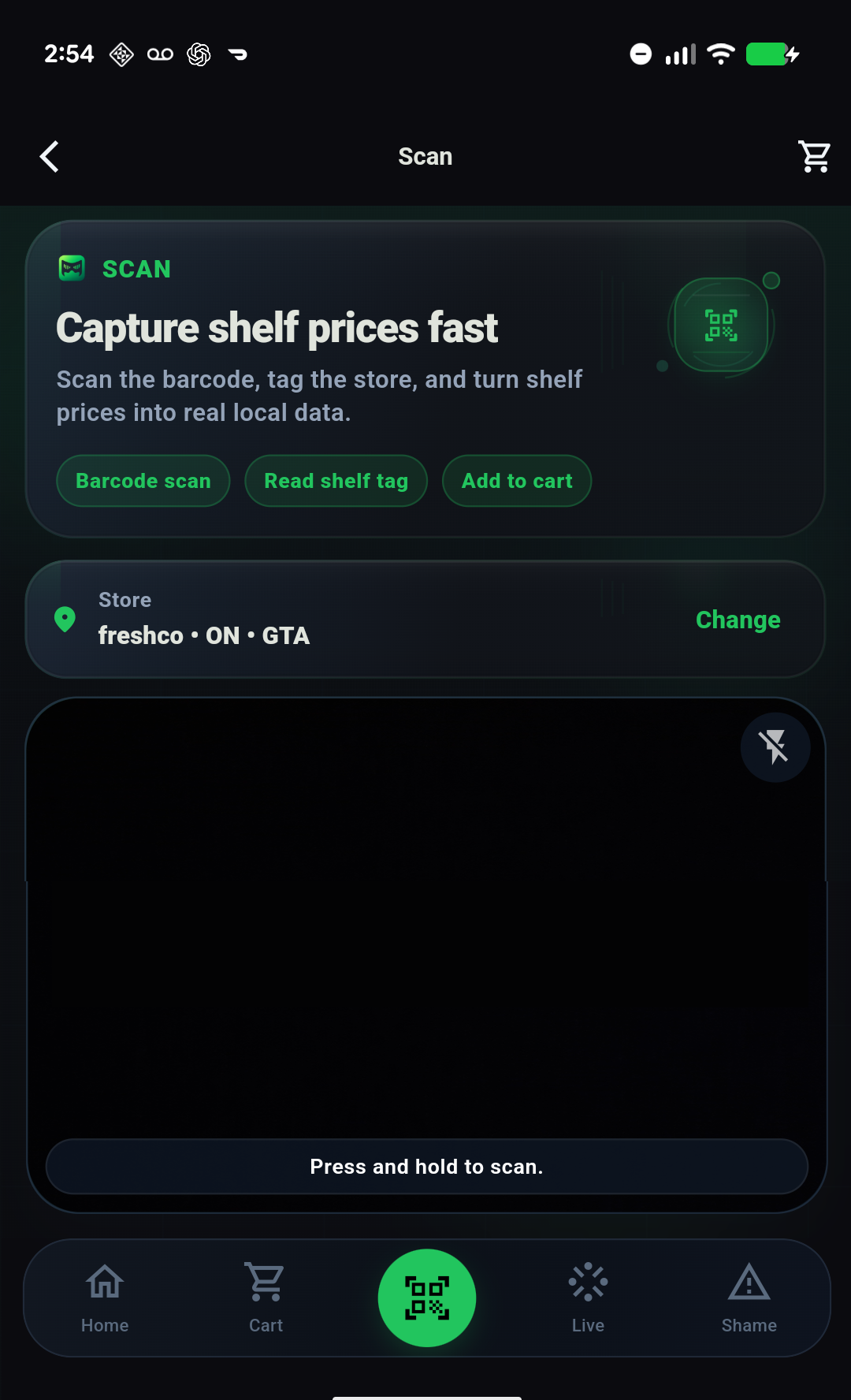 ScanRebel scan screen showing live barcode scanning and shelf-price capture