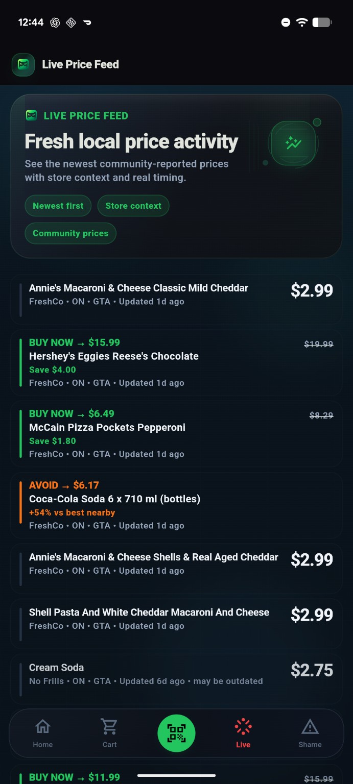 ScanRebel live price feed screen showing recent community grocery prices