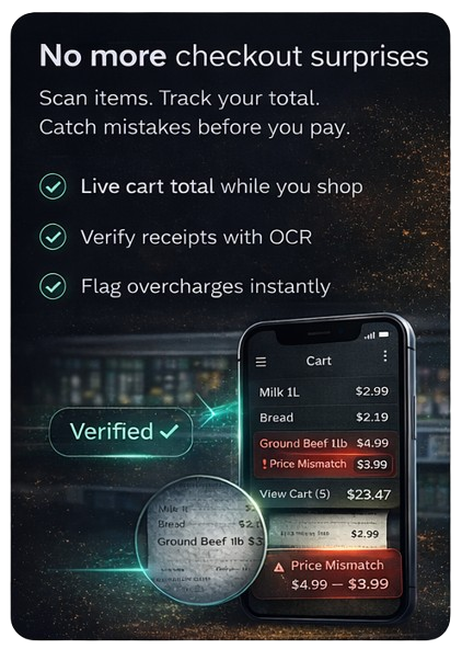 Illustration showing OCR helping verify cart totals and catch checkout surprises