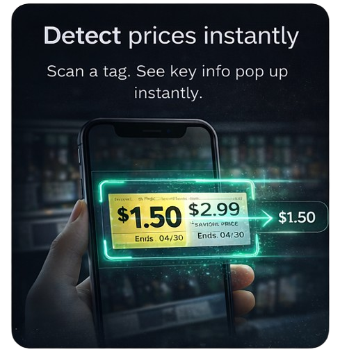 Illustration showing ScanRebel detecting shelf tag prices instantly from a phone camera