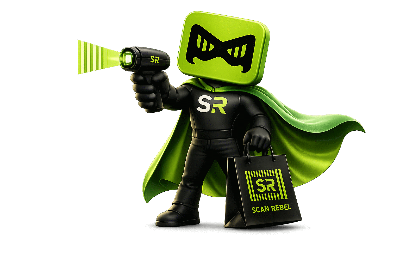 Scannie, the ScanRebel mascot, holding a barcode scanner